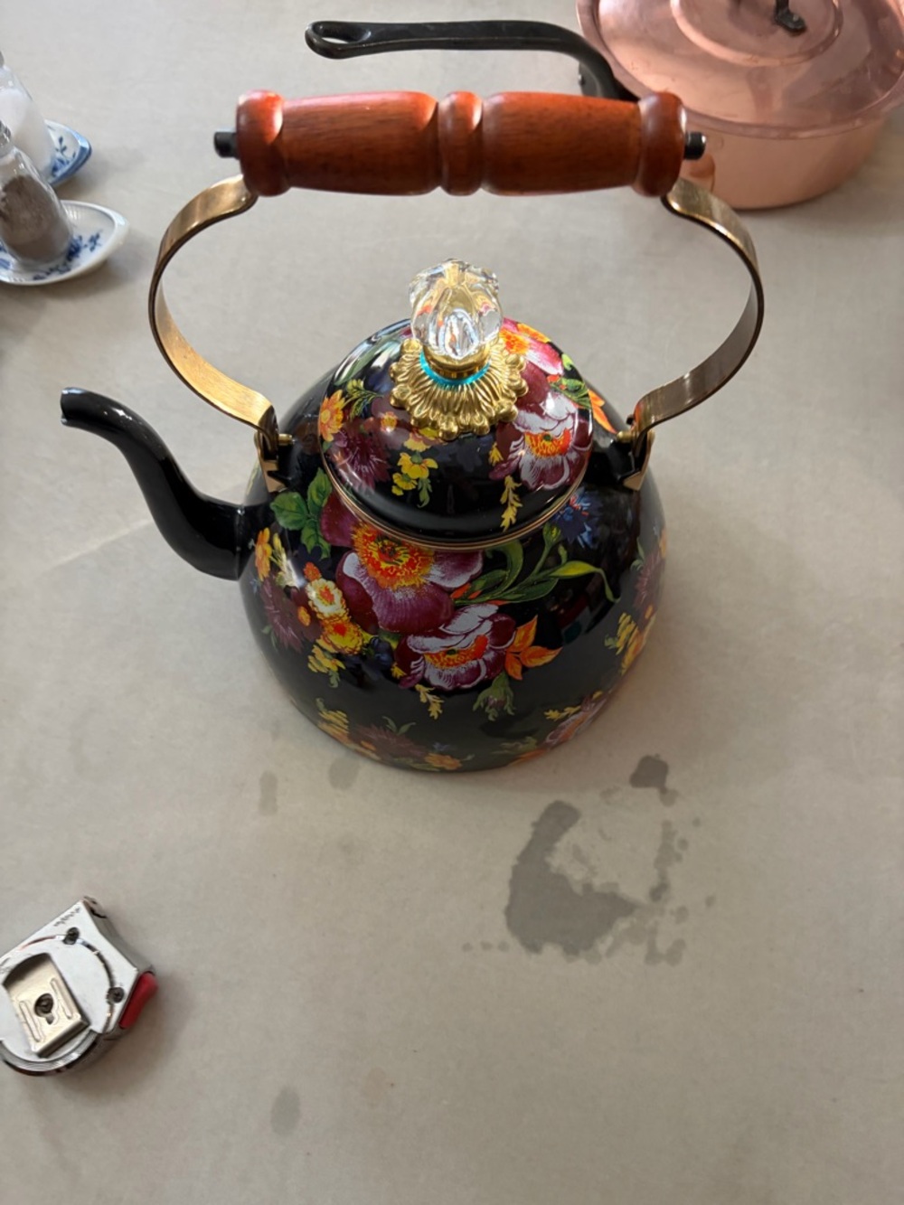 Mackenzie Childs Black Flower Market Enamel Tea Pot Kettle-Excellent Condition